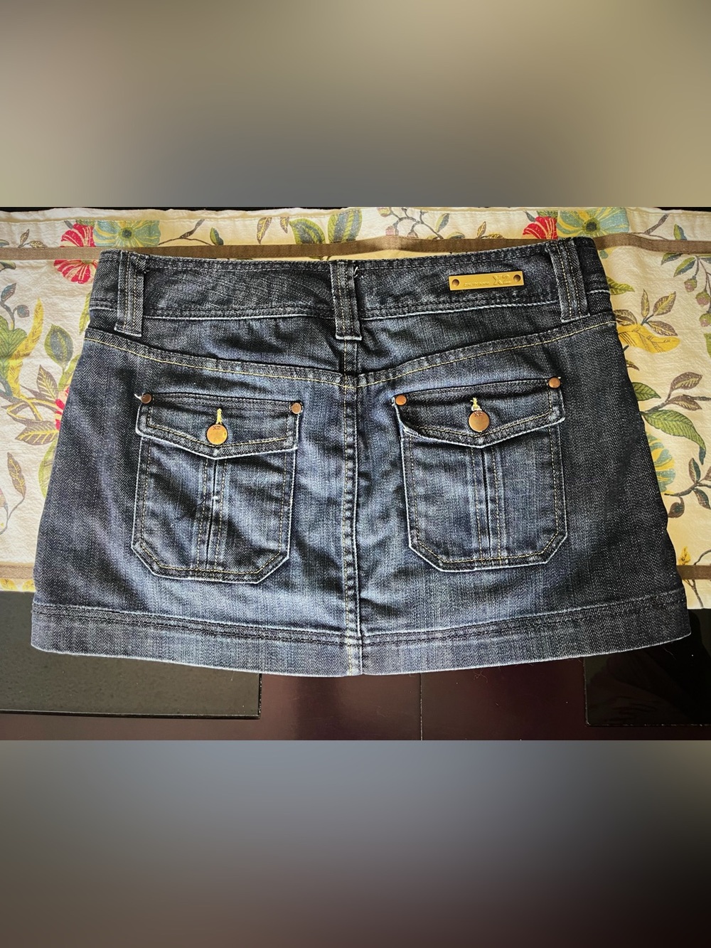 X2 Dark Blue Denim Mini Skirt with Back Flap Pockets